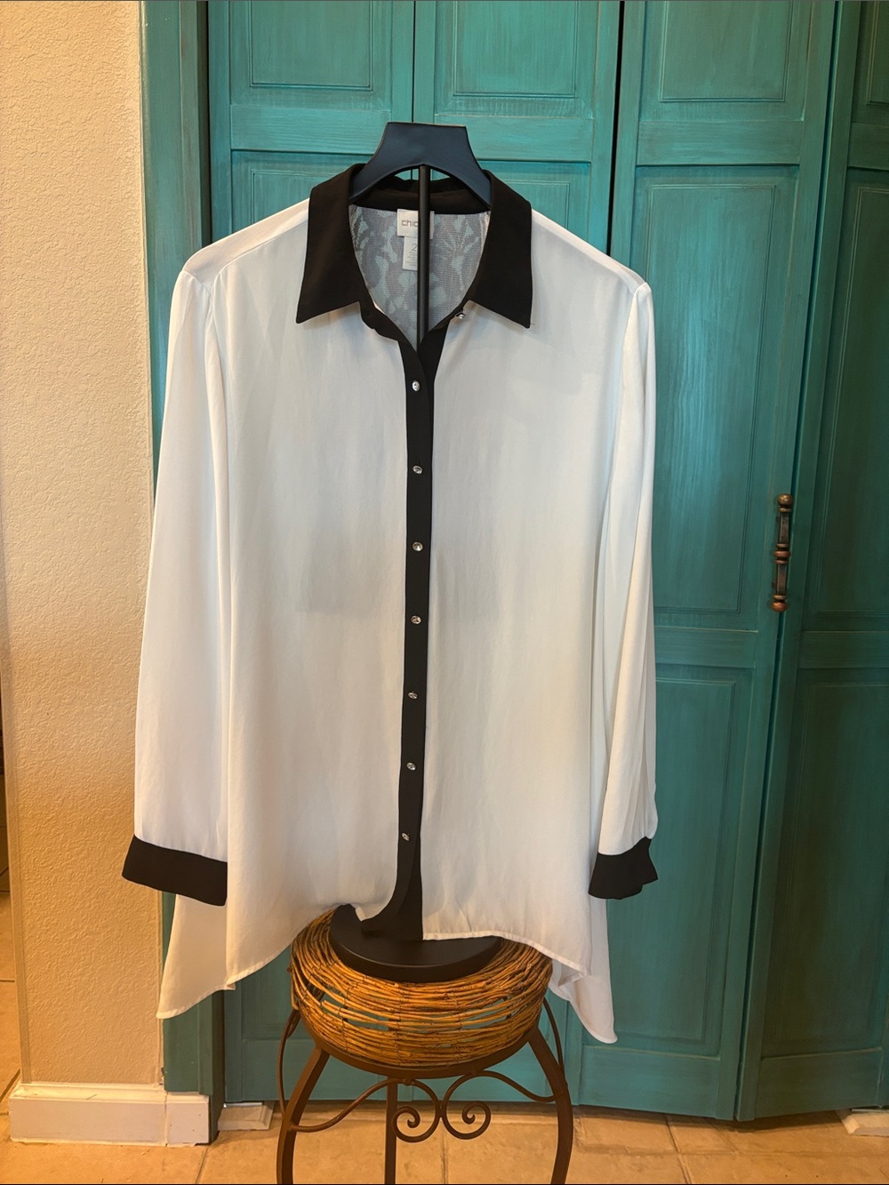 Chico's White Blouse with Black Collar & Trim